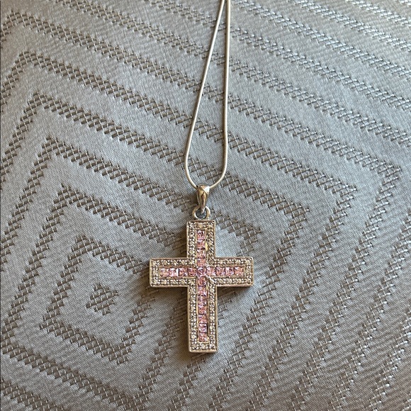 Vintage Jewelry - Vintage Pink and Silver Cross Necklace